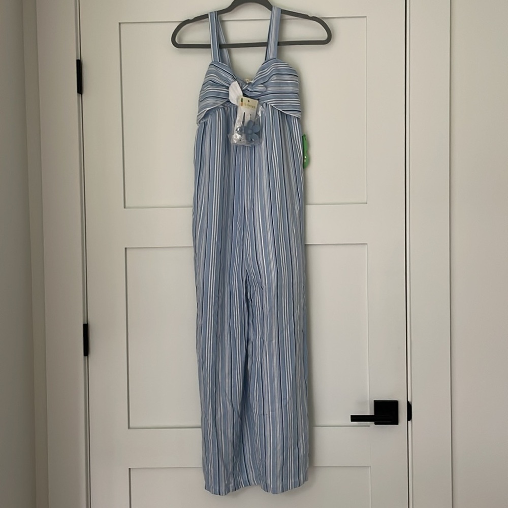 NWT btween Navy Blue White Lined Jumpsuit With Adjustable Straps & Clip Size 12